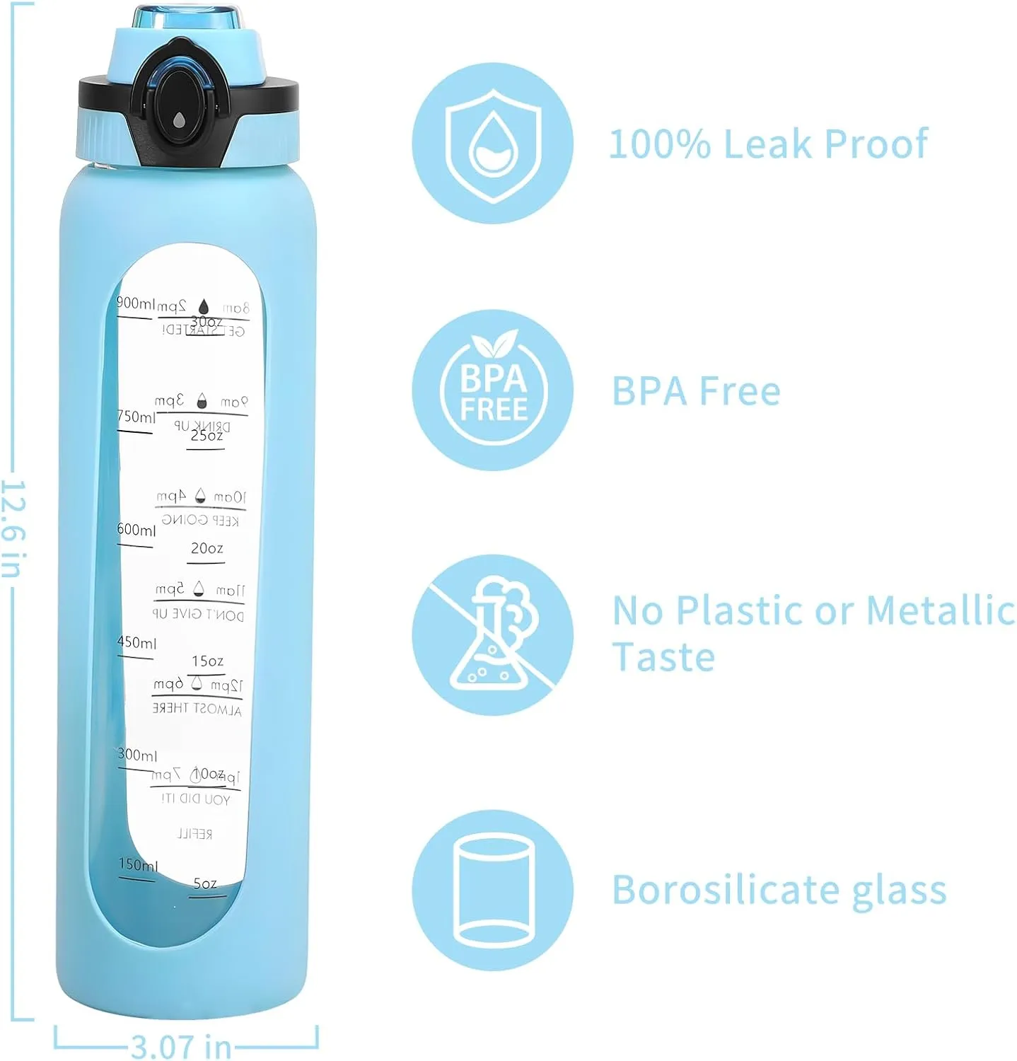1 Liter Borosilicate Glass Water Bottle with Silicone Sleeve,Drinking Bottle with Time Marker Reminder Quotes,32 Oz Leak Proof Reusable BPA Free Motivational Water Bottles,Blue