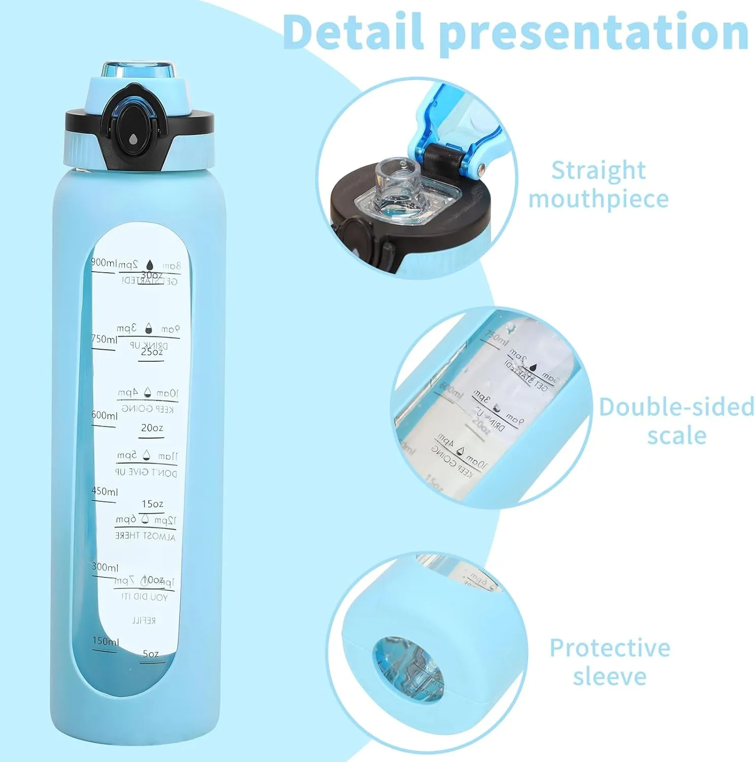 1 Liter Borosilicate Glass Water Bottle with Silicone Sleeve,Drinking Bottle with Time Marker Reminder Quotes,32 Oz Leak Proof Reusable BPA Free Motivational Water Bottles,Blue