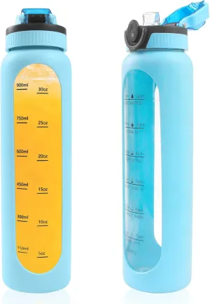 1 Liter Borosilicate Glass Water Bottle with Silicone Sleeve,Drinking Bottle with Time Marker Reminder Quotes,32 Oz Leak Proof Reusable BPA Free Motivational Water Bottles,Blue