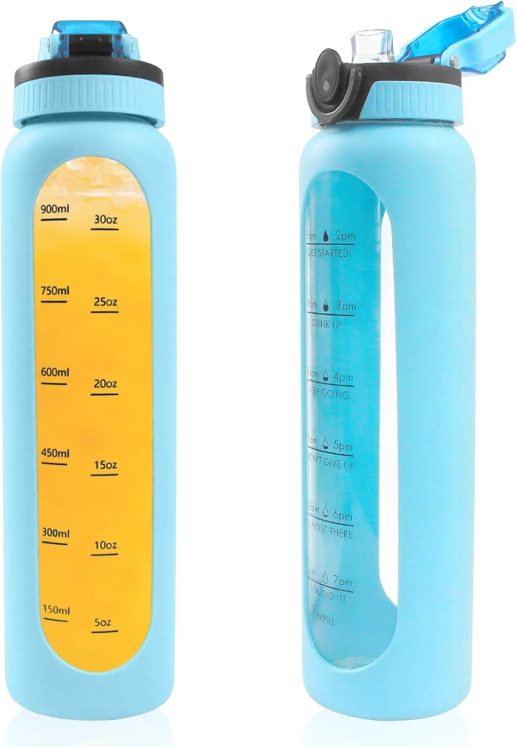 1 Liter Borosilicate Glass Water Bottle with Silicone Sleeve,Drinking Bottle with Time Marker Reminder Quotes,32 Oz Leak Proof Reusable BPA Free Motivational Water Bottles,Blue