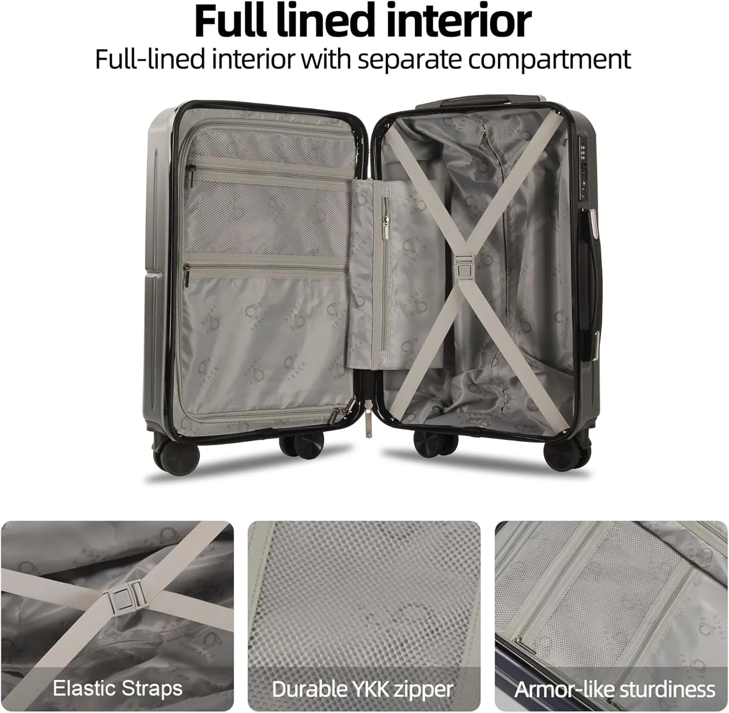 1 Piece Carry on Luggage ABS PC Hardshell TSA Lock Aluminum Trolley Spinner Wheels (Dark Grey, 4 Piece Set)