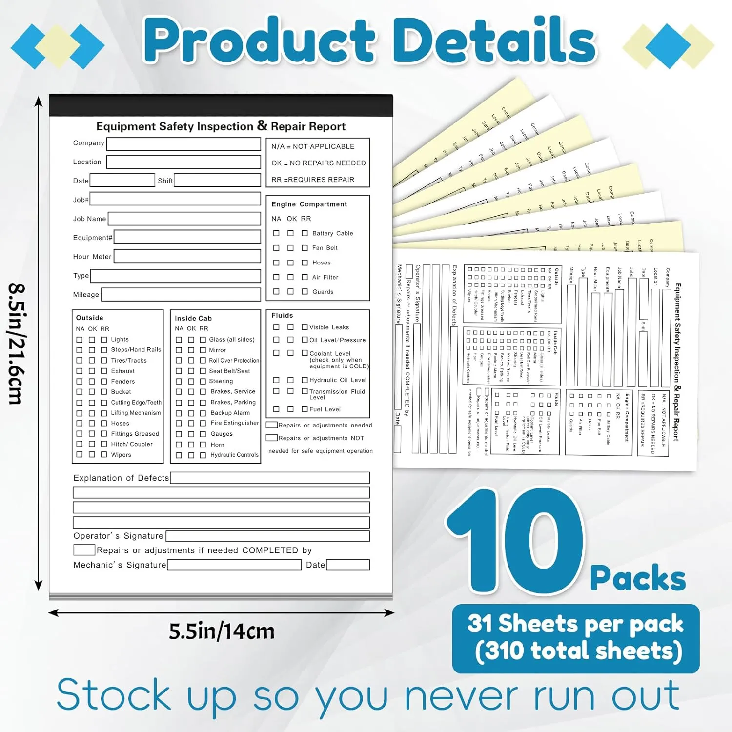 10 Pack 5.5" x 8.5" Equipment Safety Inspection Report Detailed Driver's Vehicle Inspection Report Book Daily Pre Trip 2-ply, Carbonless, 31 Sets of Forms Per Book