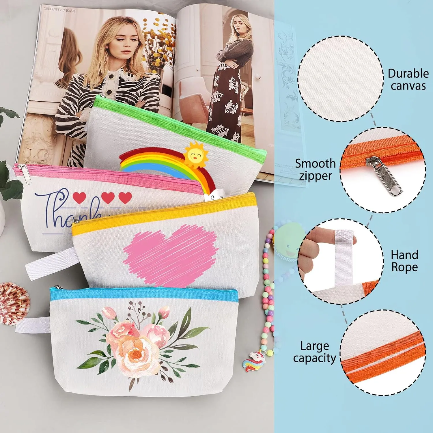 10 Pieces Cotton Canvas Makeup Bag with Bottom and Strap, Multi-Purpose Cosmetic Bag with Zipper Travel Toiletry Pouch, Blank DIY Craft Bag Pencil Bag (Multicolor 01, M) (MN-WB07)