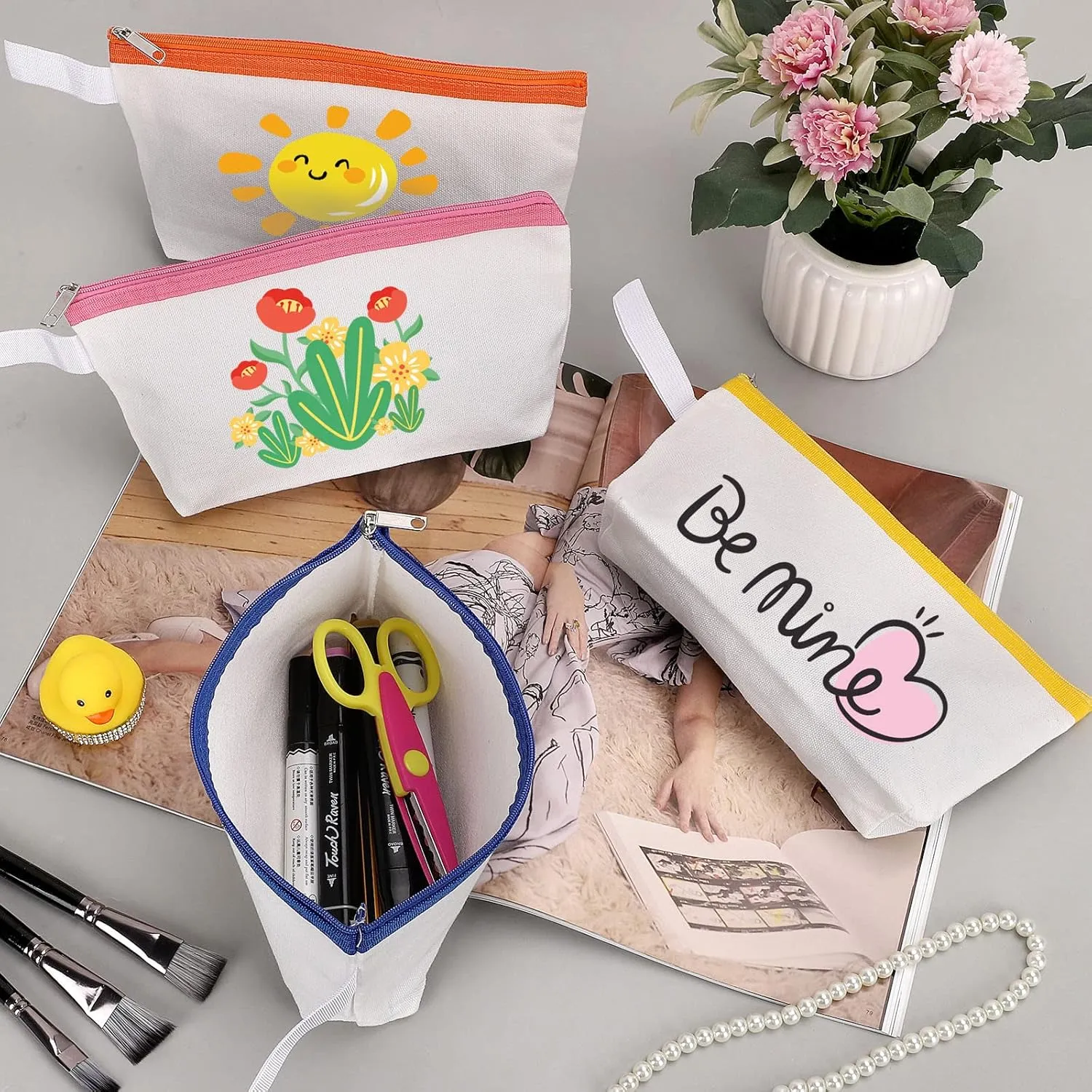 10 Pieces Cotton Canvas Makeup Bag with Bottom and Strap, Multi-Purpose Cosmetic Bag with Zipper Travel Toiletry Pouch, Blank DIY Craft Bag Pencil Bag (Multicolor 01, M) (MN-WB07)