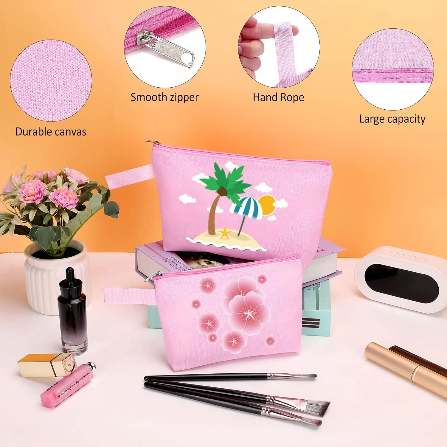 10 Pieces Cotton Canvas Makeup Bag with Bottom and Strap, Multi-Purpose Cosmetic Bag with Zipper Travel Toiletry Pouch, Blank DIY Craft Bag (Pink, L)