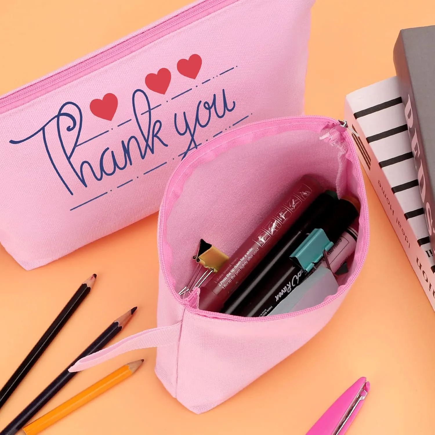10 Pieces Cotton Canvas Makeup Bag with Bottom and Strap, Multi-Purpose Cosmetic Bag with Zipper Travel Toiletry Pouch, Blank DIY Craft Bag (Pink, L)
