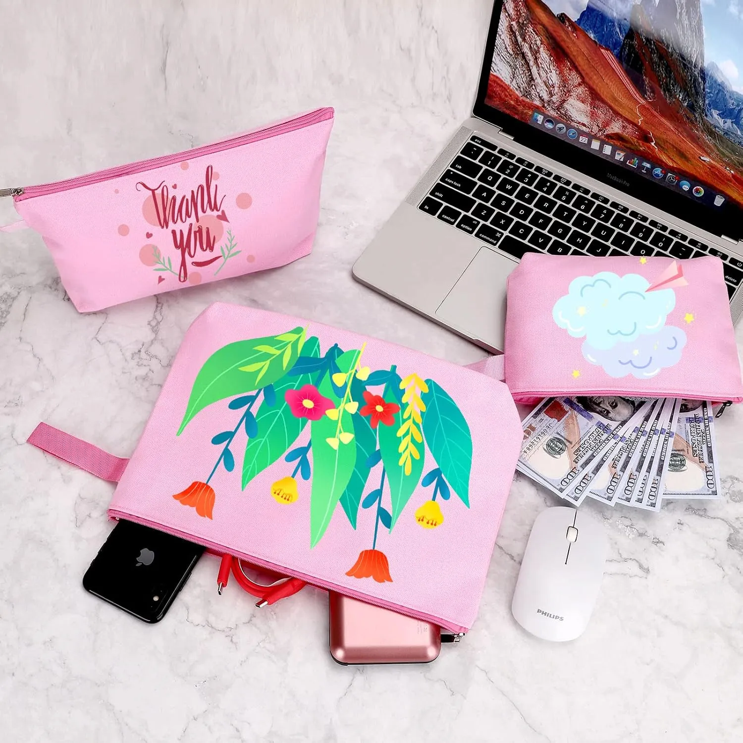 10 Pieces Cotton Canvas Makeup Bag with Bottom and Strap, Multi-Purpose Cosmetic Bag with Zipper Travel Toiletry Pouch, Blank DIY Craft Bag (Pink, L)