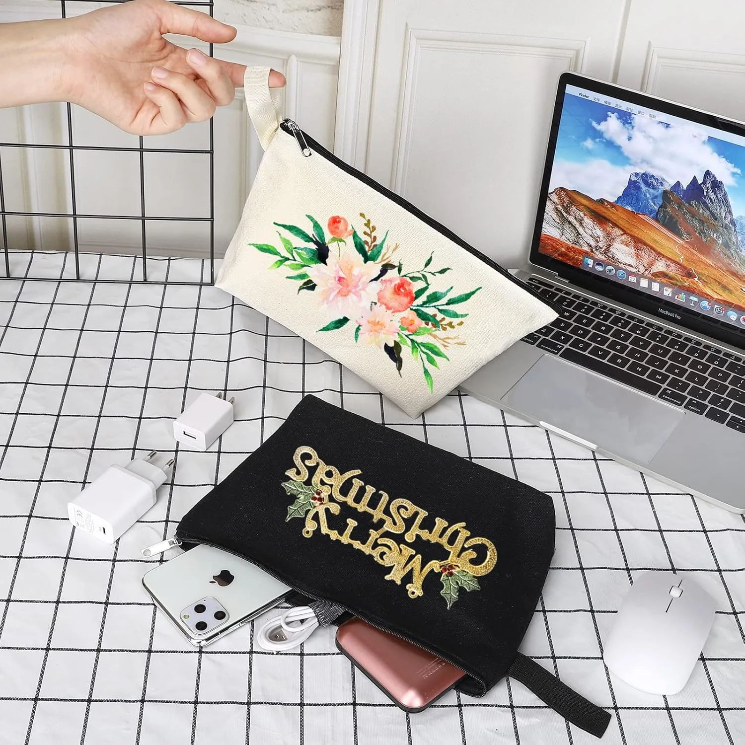 10 Pieces Cotton Canvas Makeup Bag with Bottom, Multi Purpose Cosmetic Bag with Zipper MN-WB07 Wb07