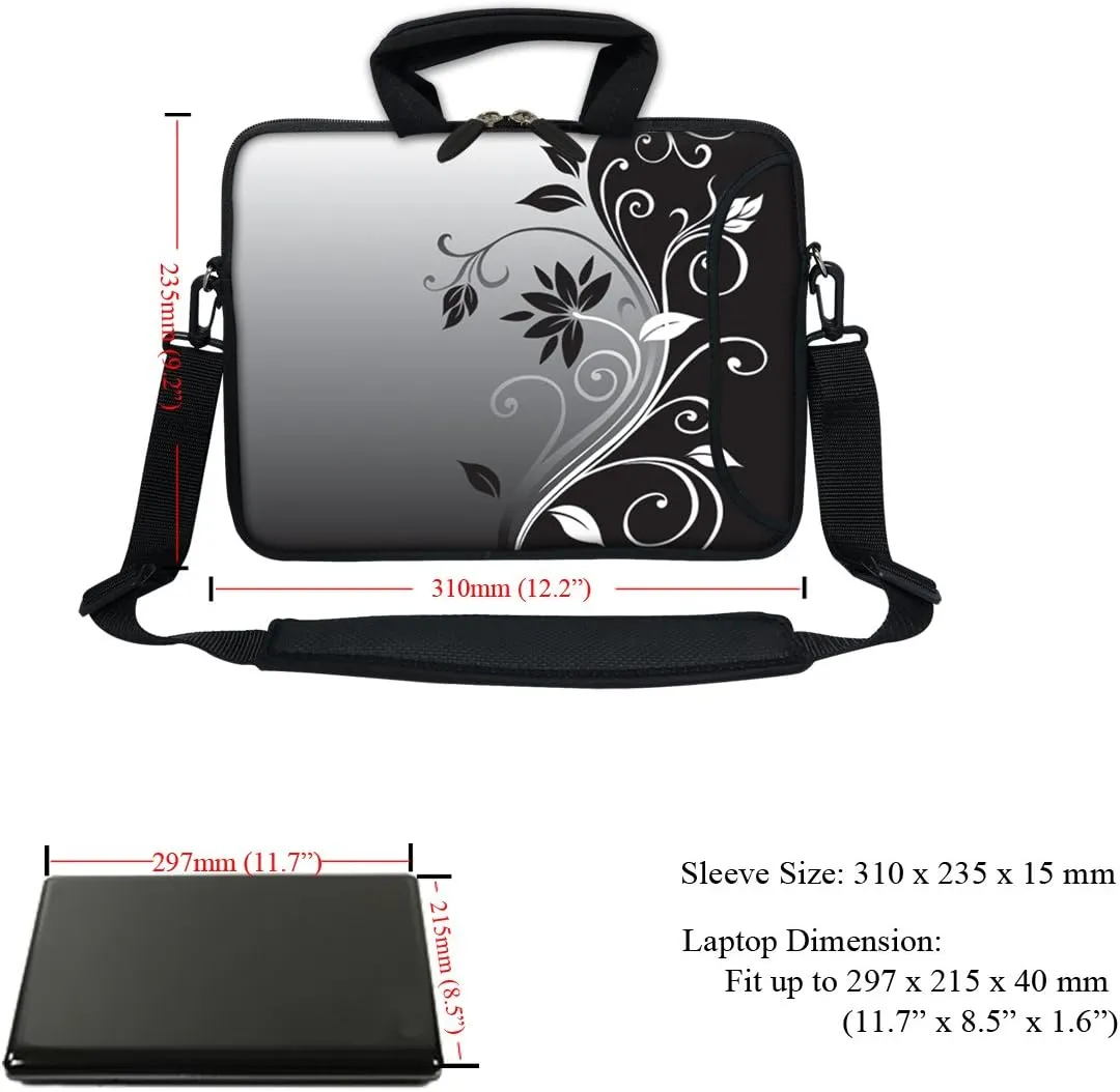 12 Inch Water Resistant Neoprene Laptop Bag with Reinforced Zipper, Strap, Pockets, Fits 11.6" to 12.3" Laptops