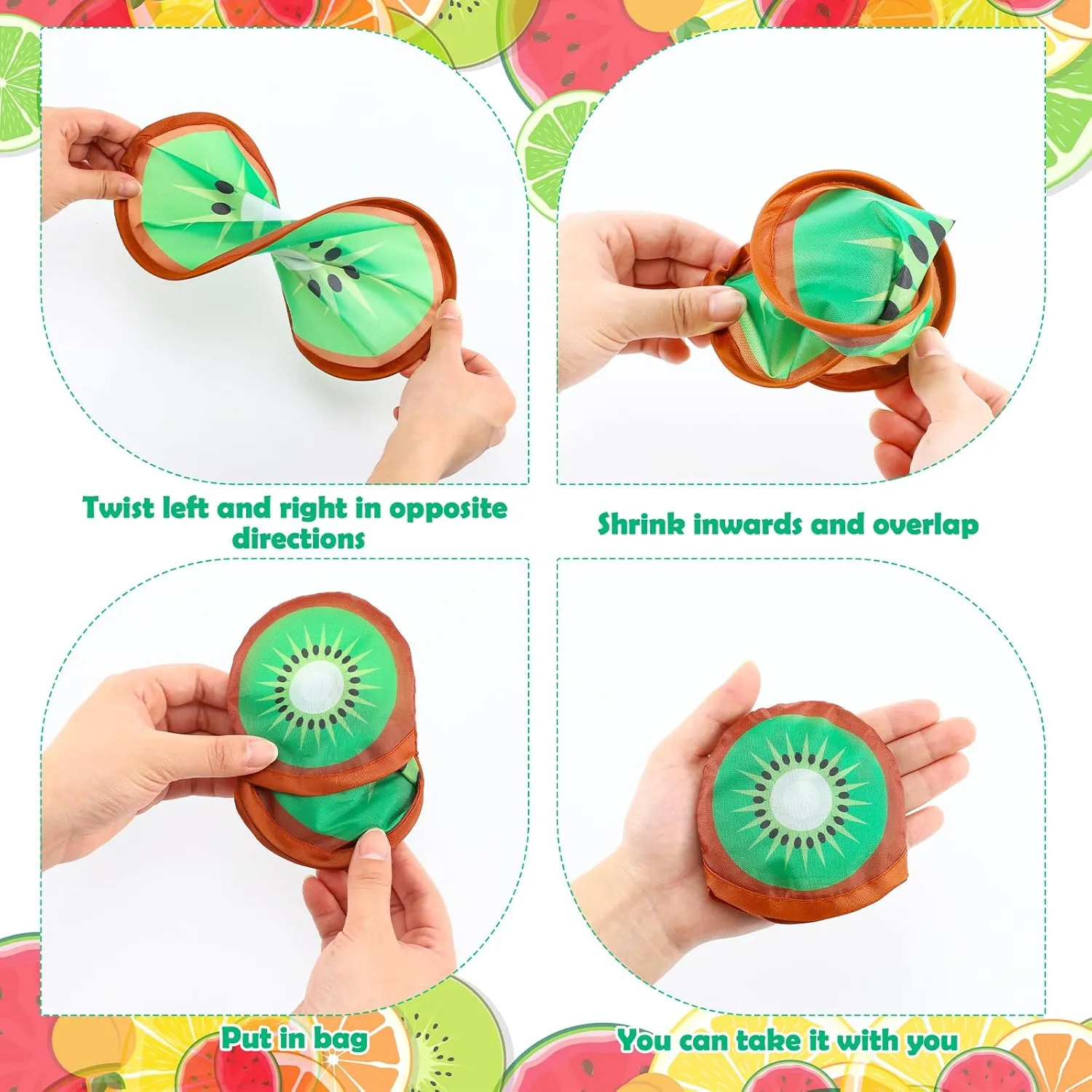 12 Pcs Foldable Flying Disc Fans 9.84'' Fruit Folding Hand Fan Round Collapsible Handheld Fan Decorative Pocket Fans with Bag for Boys Girls Gift Beach Lawn Park Camping Game Party Favor