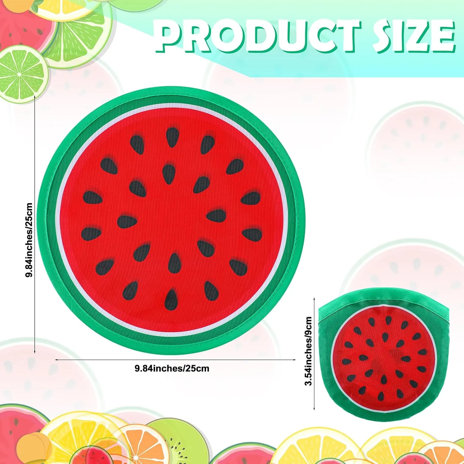 12 Pcs Foldable Flying Disc Fans 9.84'' Fruit Folding Hand Fan Round Collapsible Handheld Fan Decorative Pocket Fans with Bag for Boys Girls Gift Beach Lawn Park Camping Game Party Favor