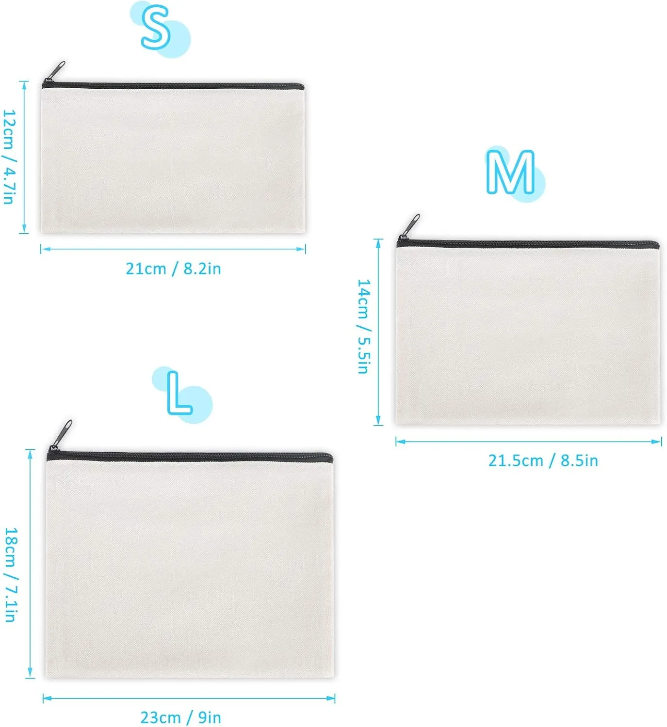 12 Pieces Black Cotton Canvas Makeup Bag, Multipurpose Cosmetic Bag with Zipper Travel Toiletry Pouch, Blank DIY Craft Bag (Black, S)