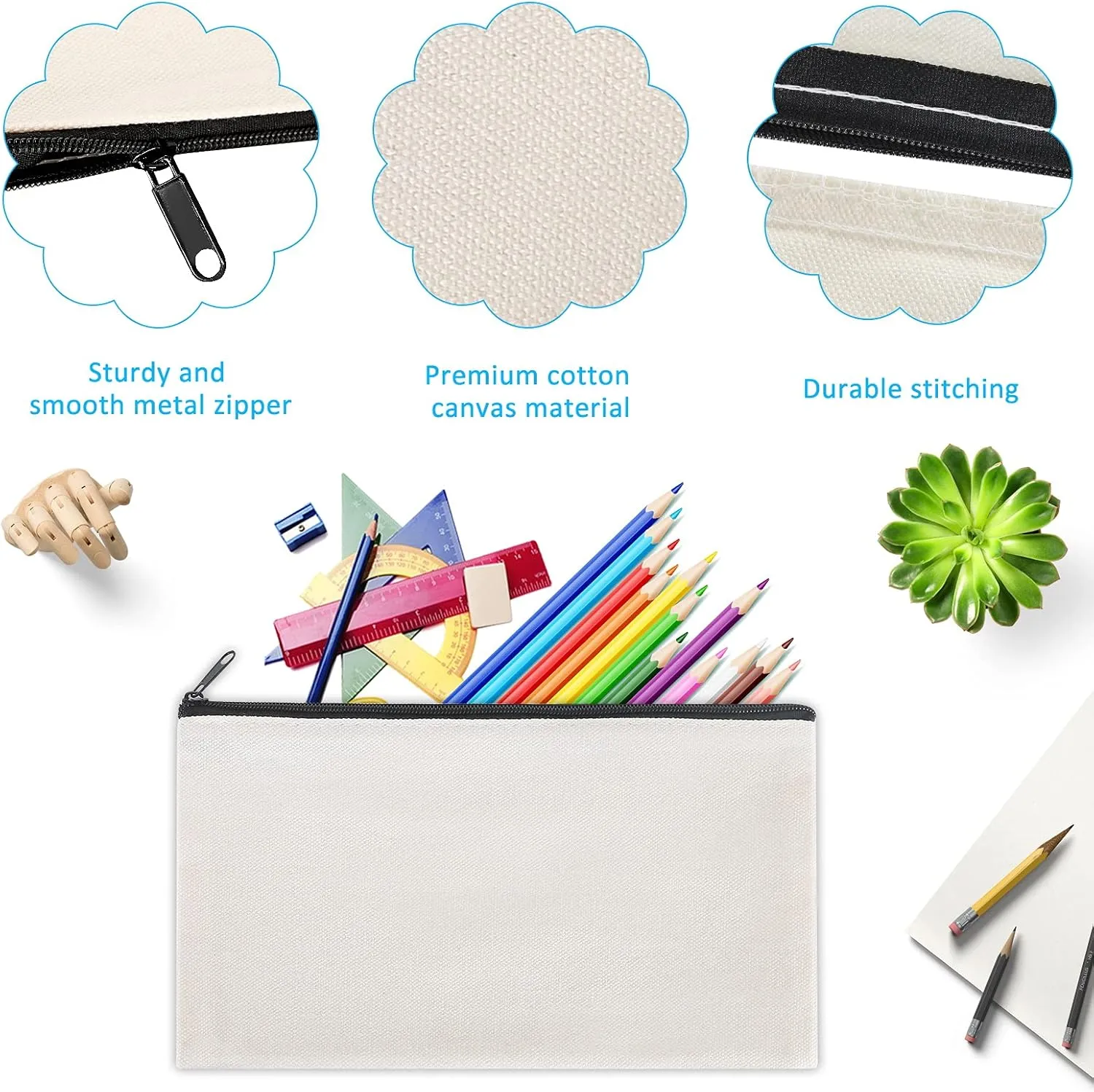 12 Pieces Black Cotton Canvas Makeup Bag, Multipurpose Cosmetic Bag with Zipper Travel Toiletry Pouch, Blank DIY Craft Bag (Black, S)