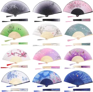 12 Pieces Small Floral Folding Hand Fans Vintage Pattern Chinese Style Bamboo Folding Silk Fan Fabric Handheld Fan with Tassel Holding Fan Foldable for Wedding Gifts Dancing Wall Decoration