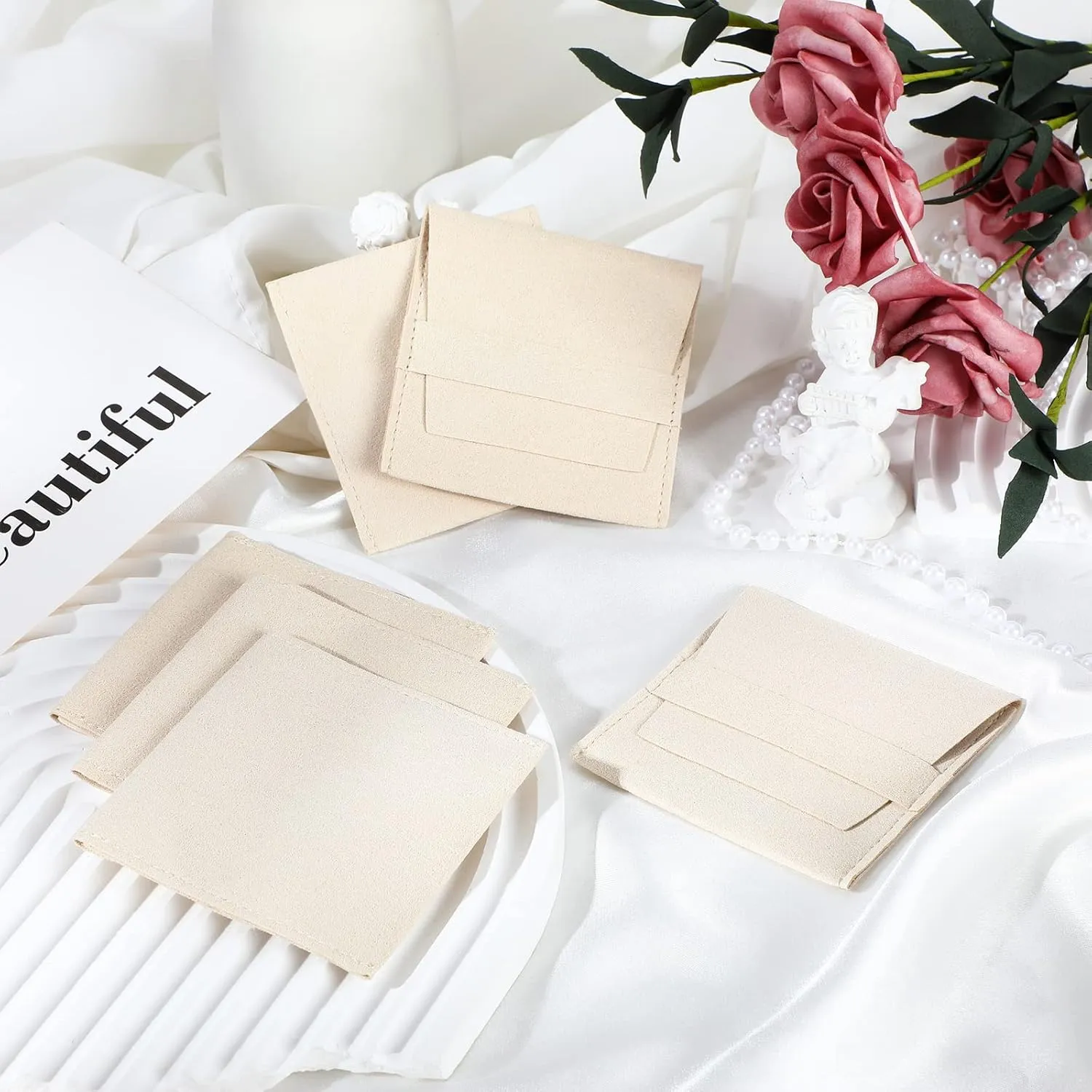 120 Pcs Microfiber Jewelry Pouch 8x8cm Packaging Bag Luxury Gift Fixed Strap Envelope Style Packaging with Cleaning Cloth(Beige)