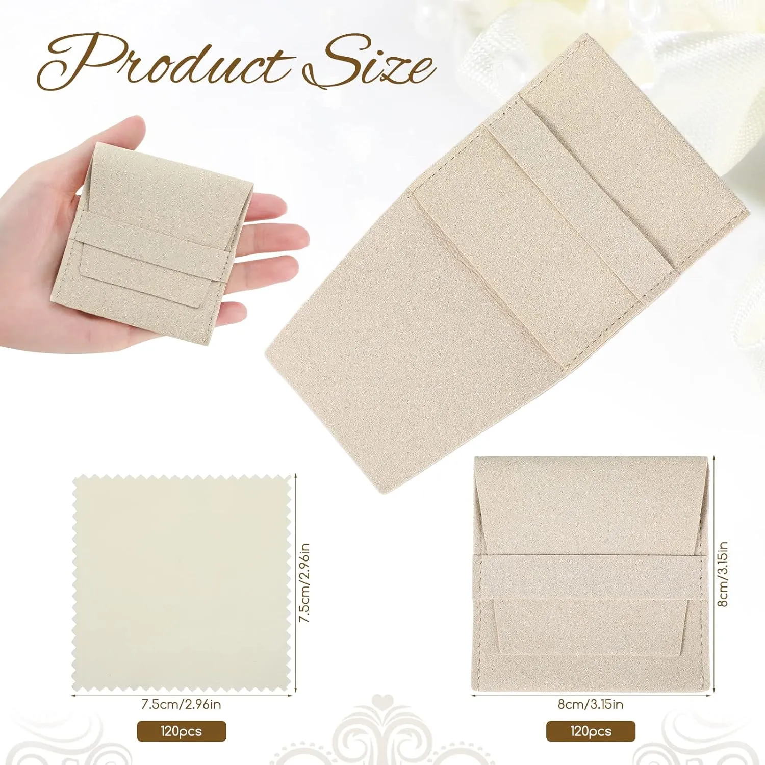 120 Pcs Microfiber Jewelry Pouch 8x8cm Packaging Bag Luxury Gift Fixed Strap Envelope Style Packaging with Cleaning Cloth(Beige)