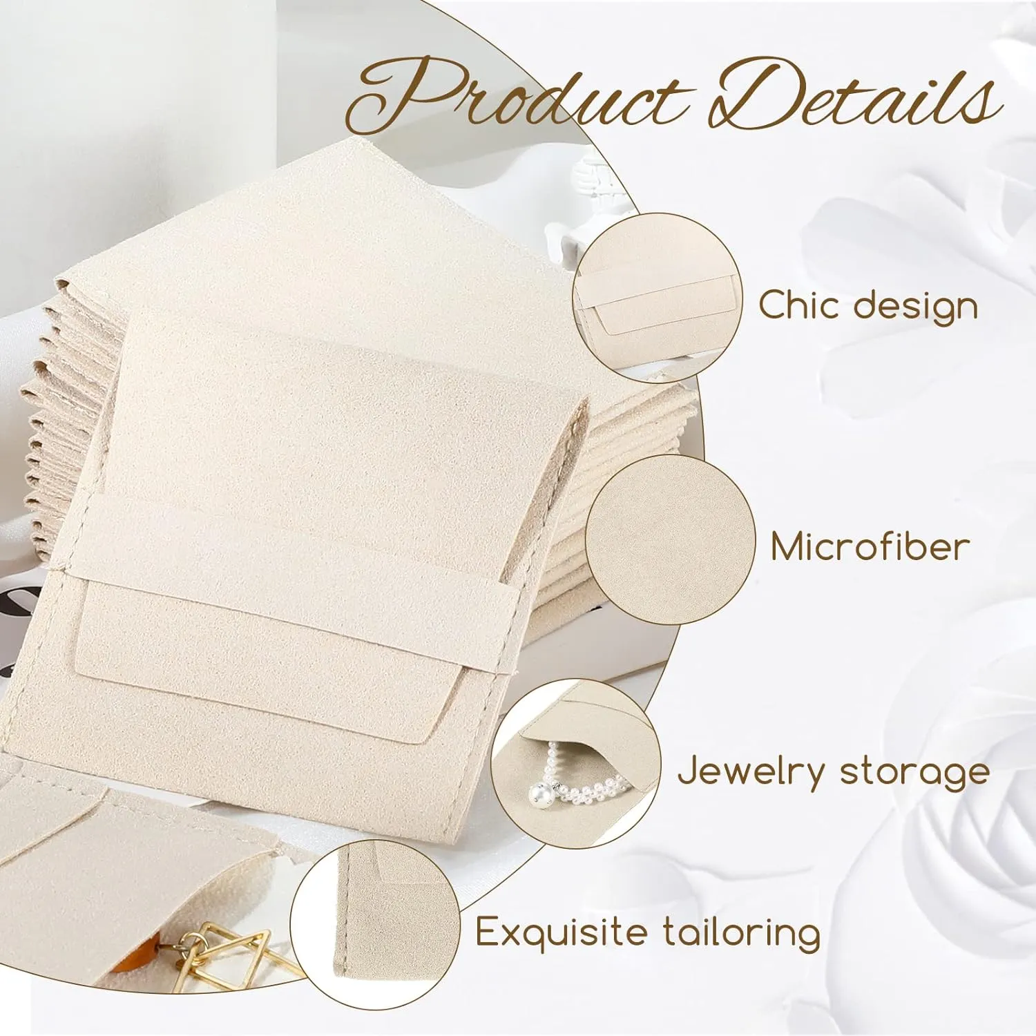 120 Pcs Microfiber Jewelry Pouch 8x8cm Packaging Bag Luxury Gift Fixed Strap Envelope Style Packaging with Cleaning Cloth(Beige)