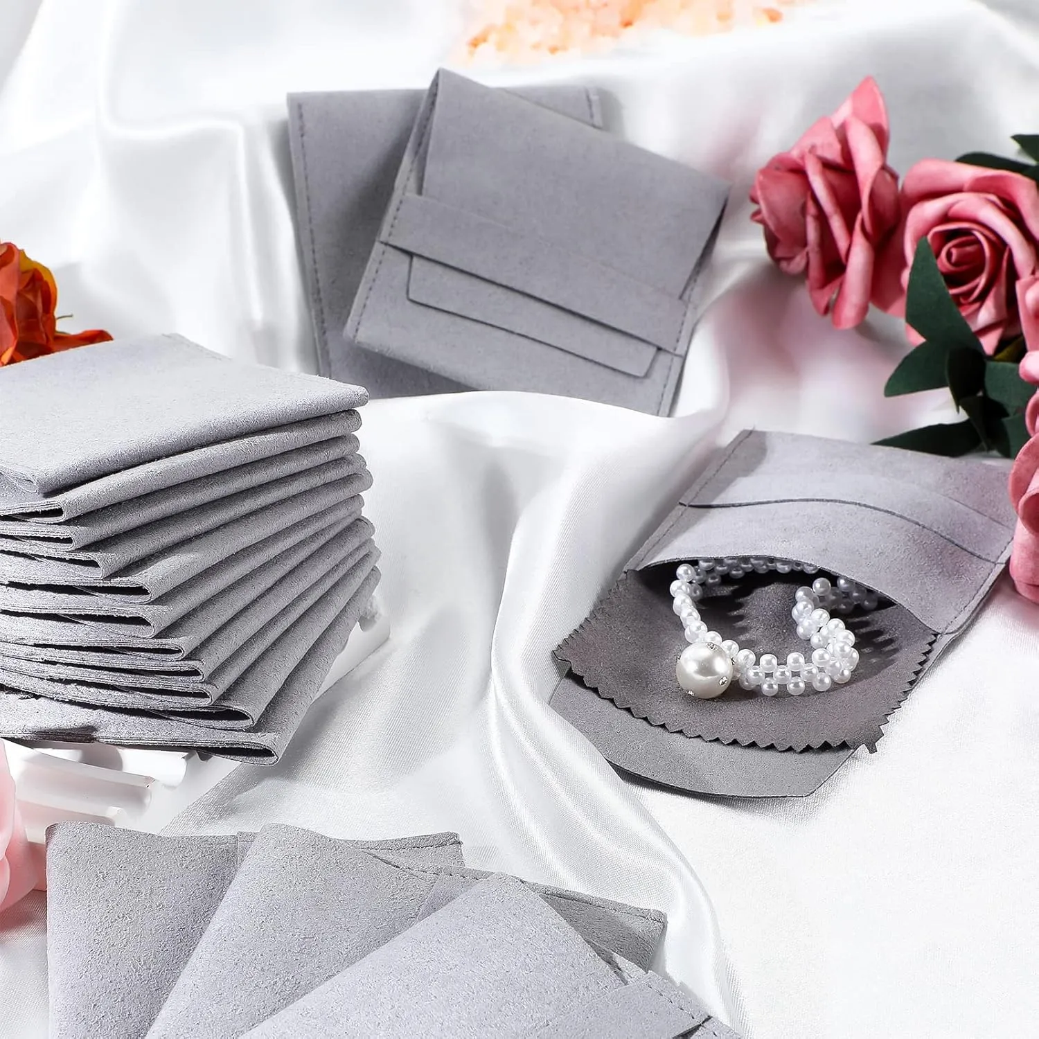 120 Pcs Microfiber Jewelry Pouch 8x8cm Packaging Bag Luxury Gift Fixed Strap Envelope Style Packaging with Cleaning Cloth(Gray)