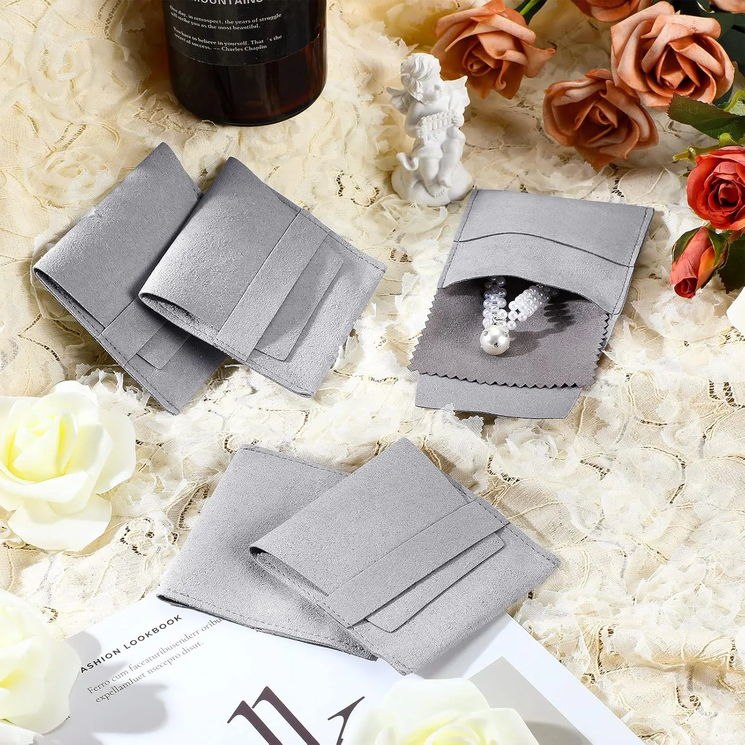 120 Pcs Microfiber Jewelry Pouch 8x8cm Packaging Bag Luxury Gift Fixed Strap Envelope Style Packaging with Cleaning Cloth(Gray)