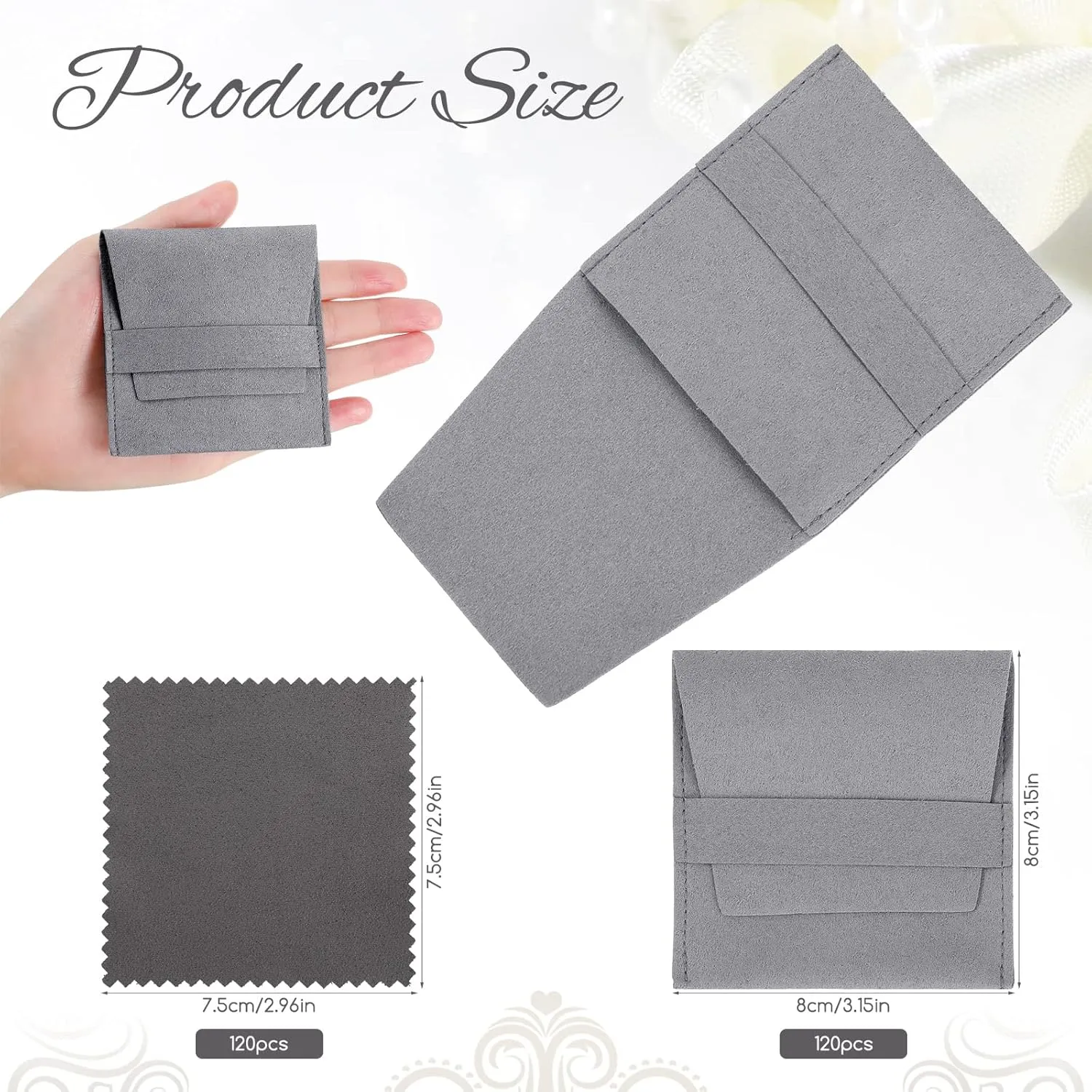 120 Pcs Microfiber Jewelry Pouch 8x8cm Packaging Bag Luxury Gift Fixed Strap Envelope Style Packaging with Cleaning Cloth(Gray)