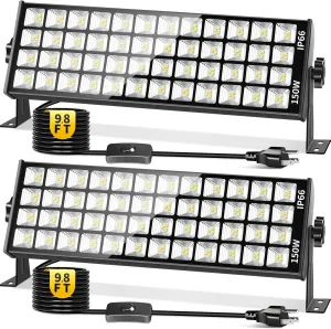 150W LED Shop Light 18000LM Ultra Brighter, Plug in Garage Light with 9.84FT Power Cord and On/Off Switch, 6000K IP66 Waterproof Outdoor Work Shop Lights for Garage Workshop Warehouse Factory, 2 Pack
