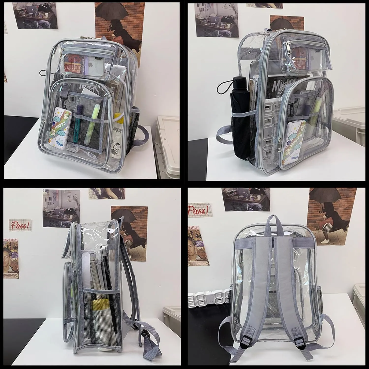 16'' Clear Backpack Heavy Duty PVC Transparent Bookbags with Padded Shoulders for travel,Work,College, Stadium (purple blue)