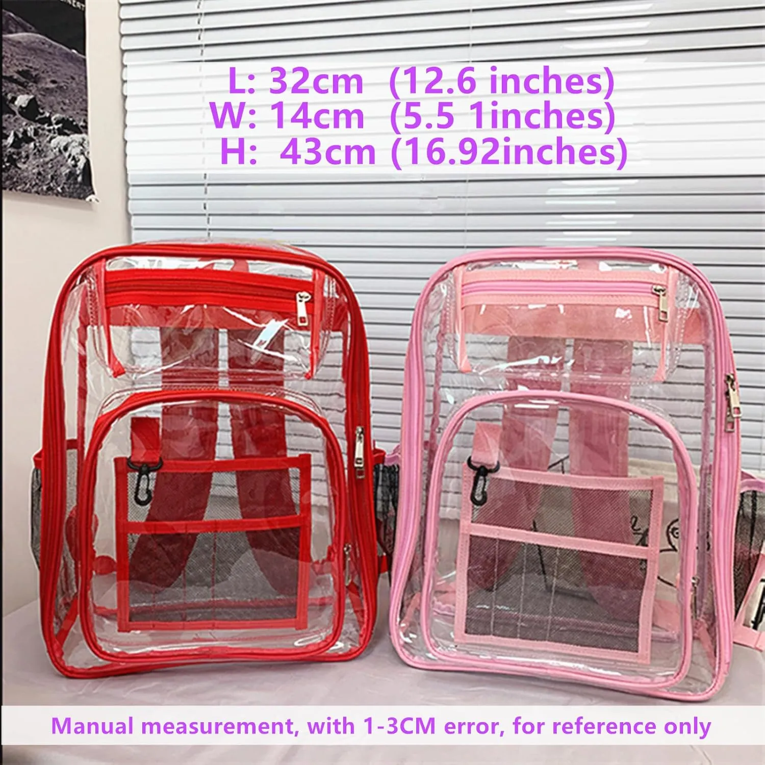 16'' Clear Backpack Heavy Duty PVC Transparent Bookbags with Padded Shoulders for travel,Work,College, Stadium (purple blue)