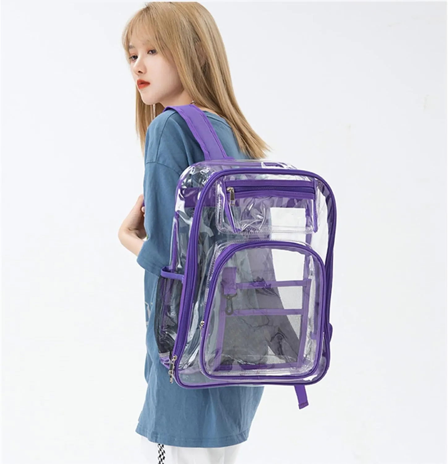 16'' Clear Backpack Heavy Duty PVC Transparent Bookbags with Padded Shoulders for travel,Work,College, Stadium (purple blue)