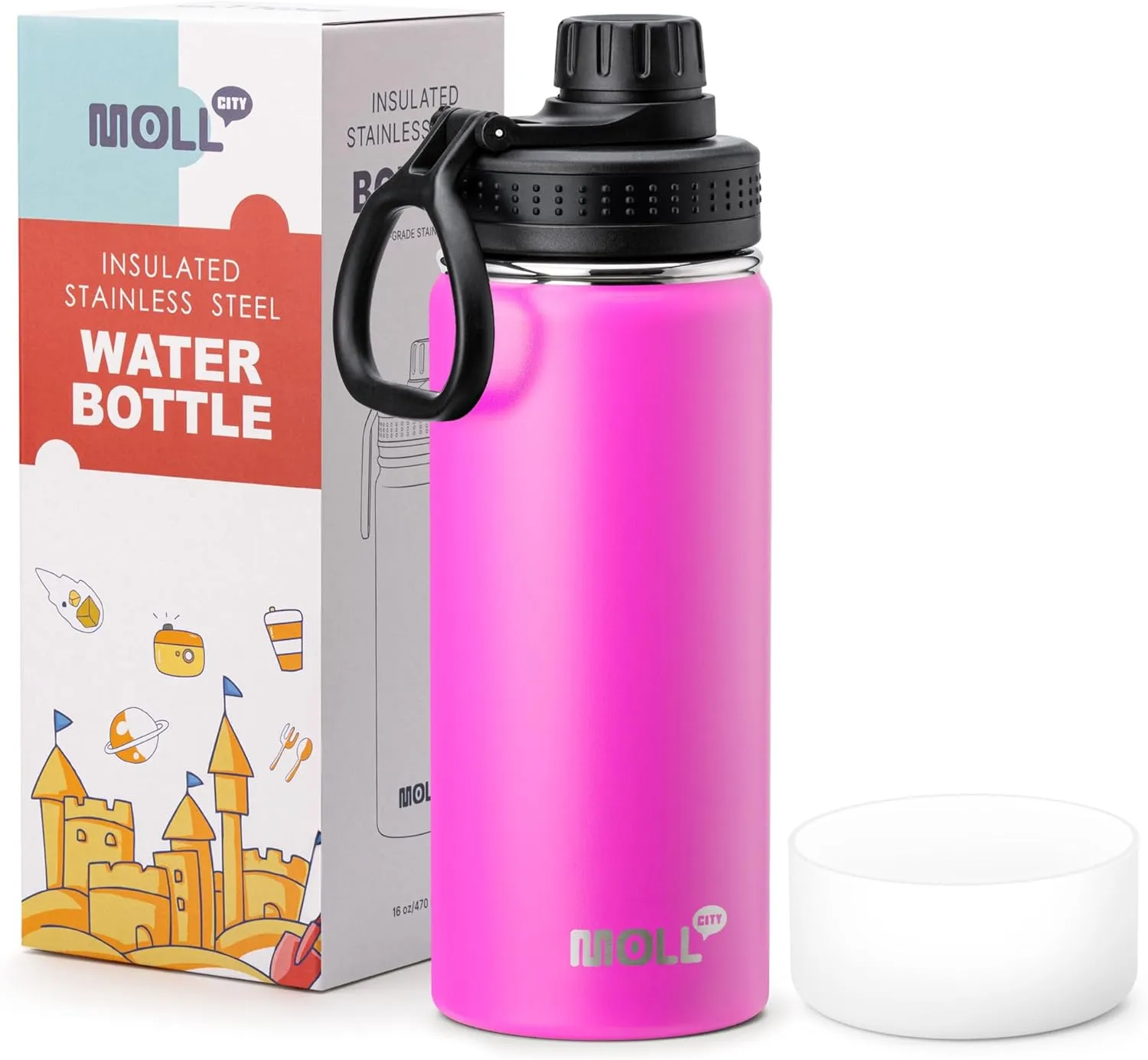 16 oz Water Bottle for Kids-16 oz Stainless Steel Vacuum Wide Mouth Sports Flask with Silicone Boot-Reusable Metal Leak Proof Travel Water Bottle for Girls Boys, BPA-Free(Hot Pink)