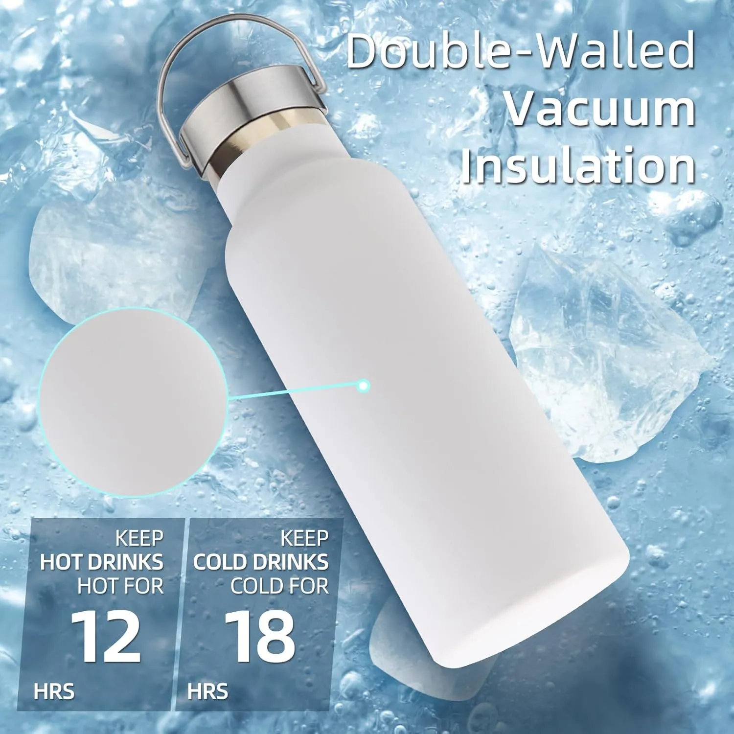17oz Stainless Steel Water Bottle,Leak-Proof Sweat-Proof Travel Thermos,Double Wall Vacuum Thermos,Portable Insulated Cup,Reuseble Metal Bottle for School Sport Hiker Kids,White(8Packs)