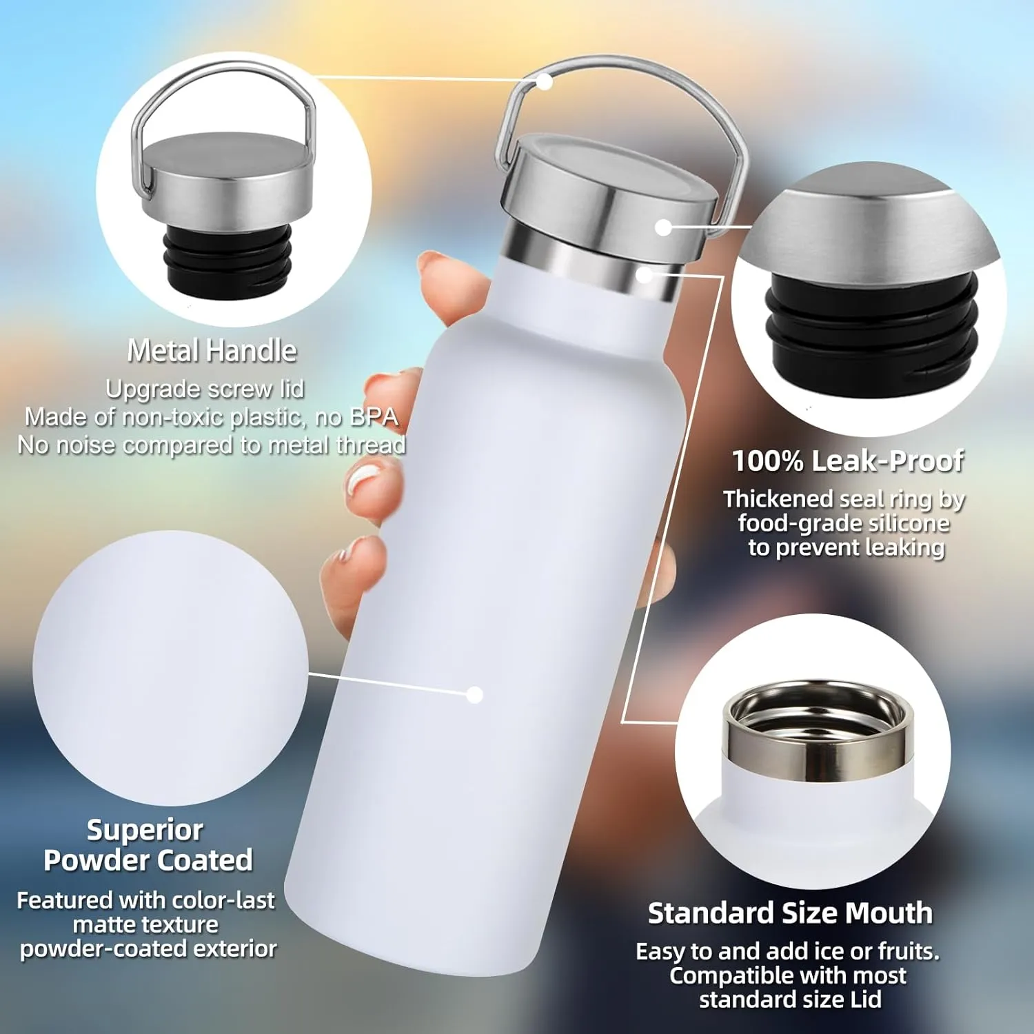 17oz Stainless Steel Water Bottle,Leak-Proof Sweat-Proof Travel Thermos,Double Wall Vacuum Thermos,Portable Insulated Cup,Reuseble Metal Bottle for School Sport Hiker Kids,White(8Packs)