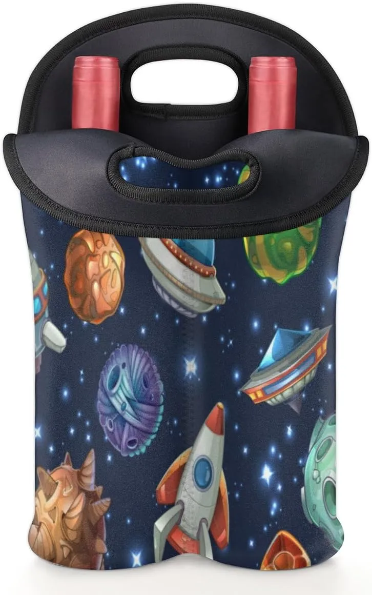 2 Bottle Wine Carrier Tote Bag Spacecraft Insulated Neoprene Wine Bottle Holder Portable Wine Cooler Bag with Secure Carry Handle for Travel Picnic Birthday Party