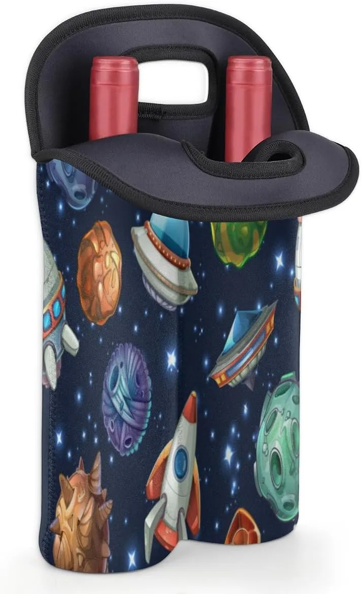 2 Bottle Wine Carrier Tote Bag Spacecraft Insulated Neoprene Wine Bottle Holder Portable Wine Cooler Bag with Secure Carry Handle for Travel Picnic Birthday Party