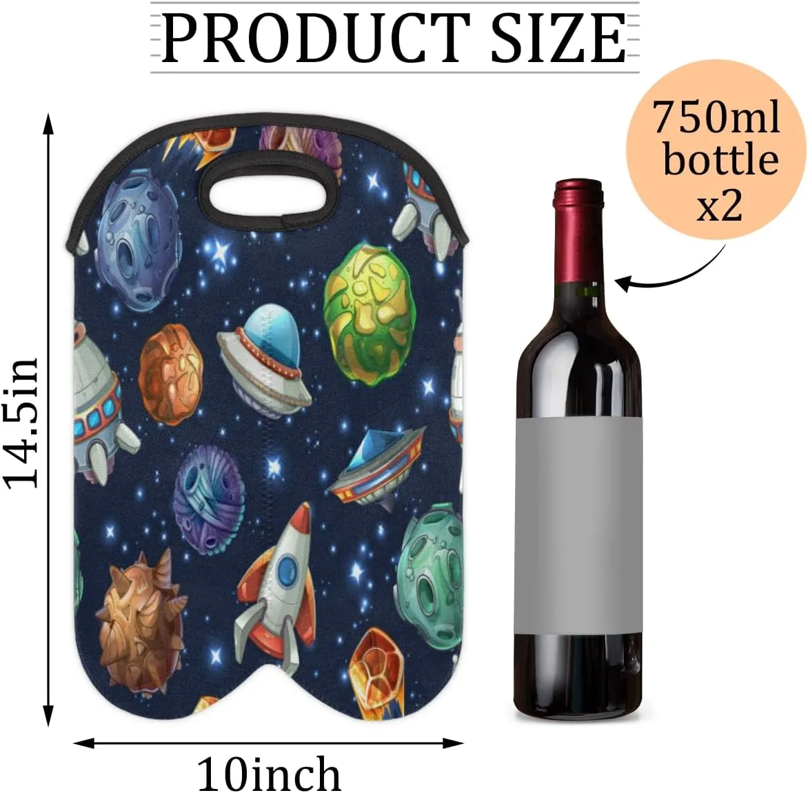 2 Bottle Wine Carrier Tote Bag Spacecraft Insulated Neoprene Wine Bottle Holder Portable Wine Cooler Bag with Secure Carry Handle for Travel Picnic Birthday Party