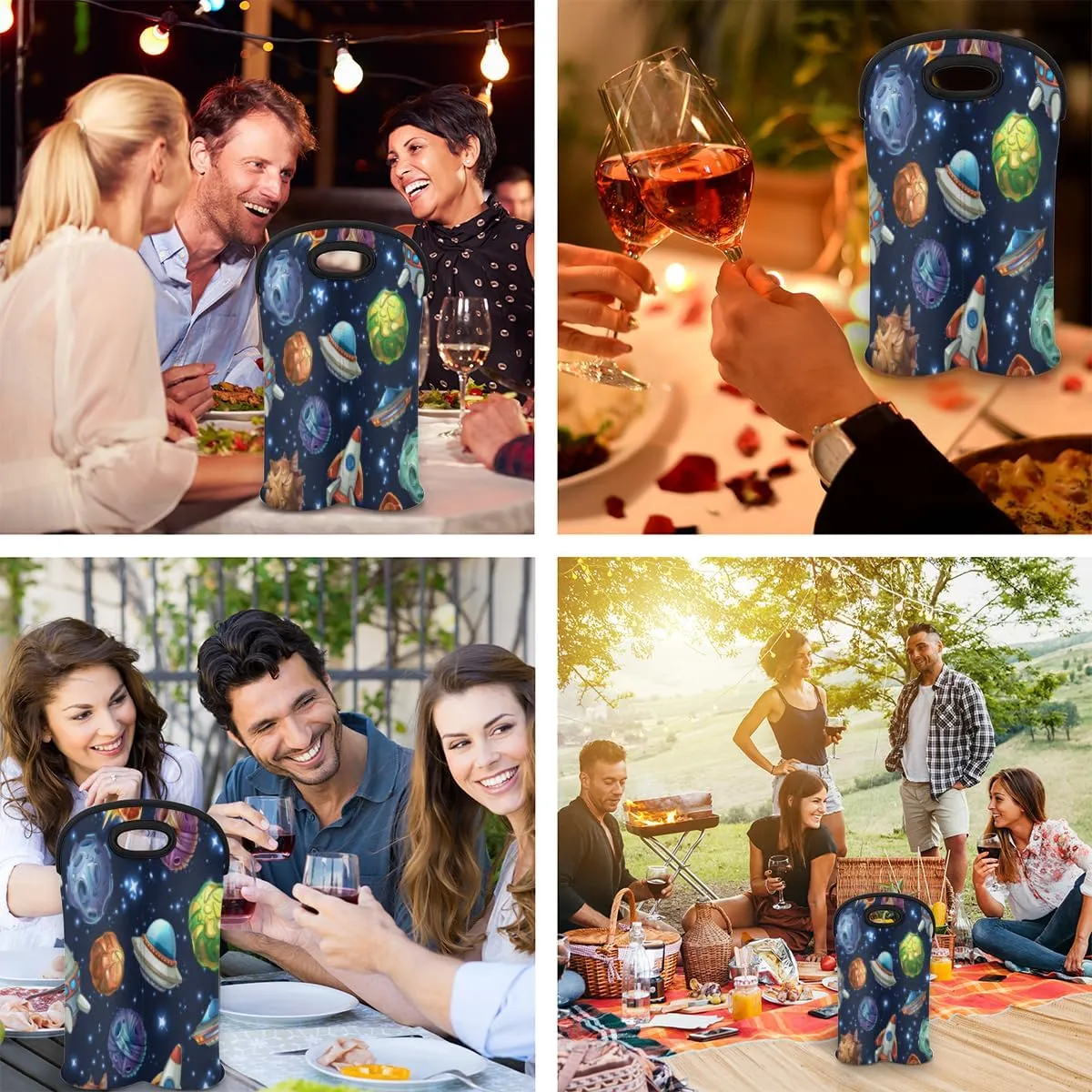 2 Bottle Wine Carrier Tote Bag Spacecraft Insulated Neoprene Wine Bottle Holder Portable Wine Cooler Bag with Secure Carry Handle for Travel Picnic Birthday Party