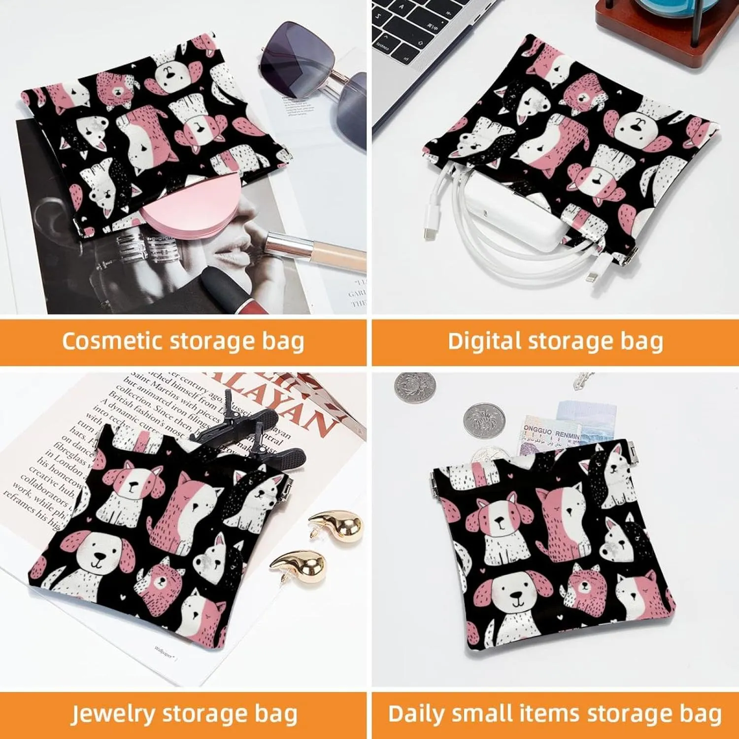 2 Pcs Faux Leather Pocket Box, Small Makeup Bag for Purse, Self-Closing Pouches for Purse, Multifunctional Travel Storage Bag, Sheep Cat Dog Cartoon Animal