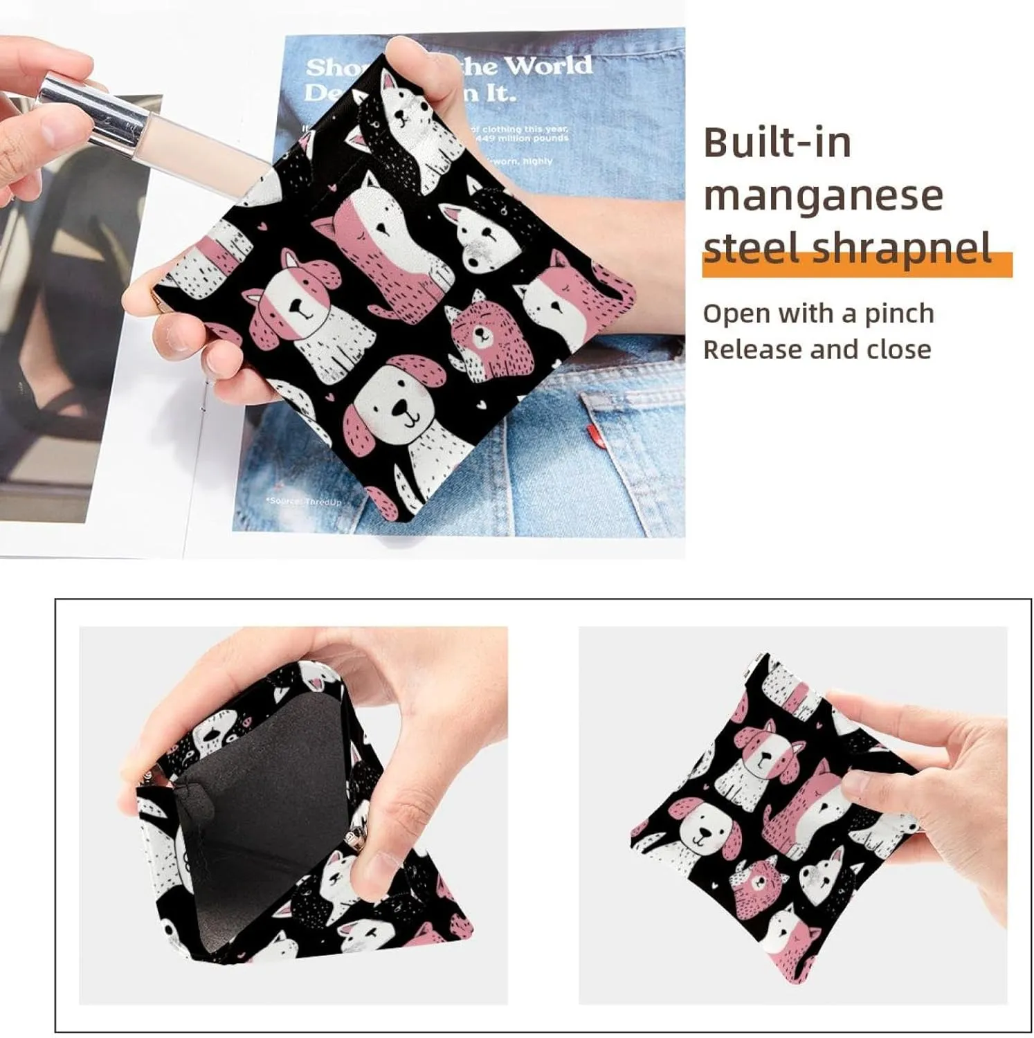 2 Pcs Faux Leather Pocket Box, Small Makeup Bag for Purse, Self-Closing Pouches for Purse, Multifunctional Travel Storage Bag, Sheep Cat Dog Cartoon Animal
