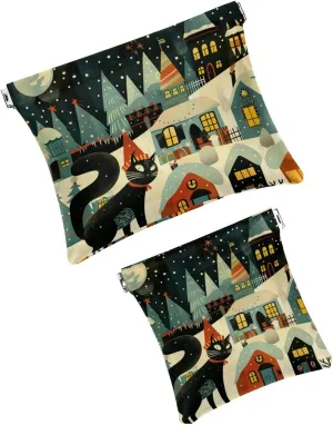 2 PCS Faux Leather Pocket Box, Small Makeup Bag for Purse, Waterproof Mini Bag Purse, Multifunctional Travel Storage Bag, Christmas Cartoon Santa Claus and Cat