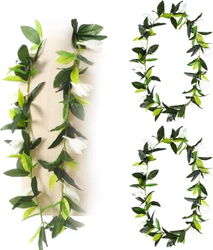 2 Pcs Hawaiian Graduation Lei 47 inch Green Maile Leis with White Tuberose 2025 Graduation Gift Green Leaf Flower Necklace for Wedding School Ceremony Hawaiian Party Supplies