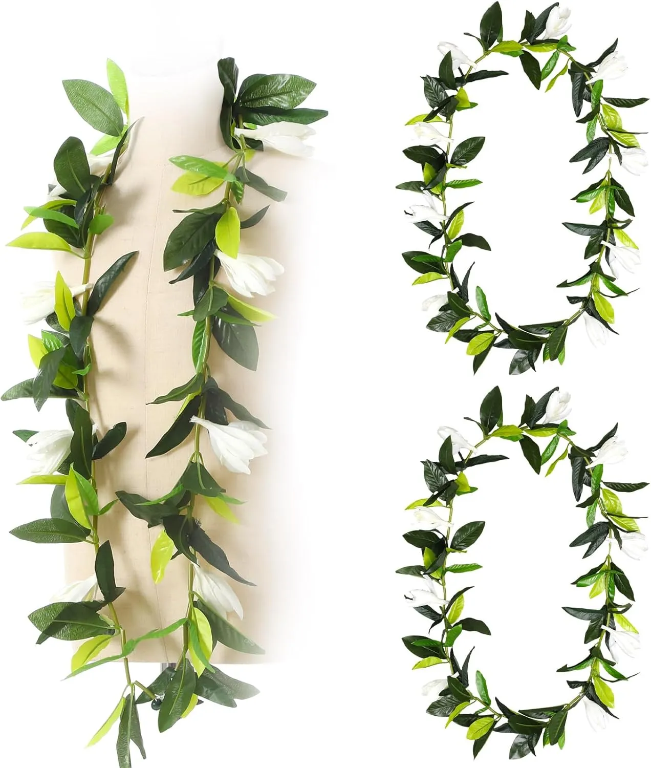 2 Pcs Hawaiian Graduation Lei 47 inch Green Maile Leis with White Tuberose 2025 Graduation Gift Green Leaf Flower Necklace for Wedding School Ceremony Hawaiian Party Supplies
