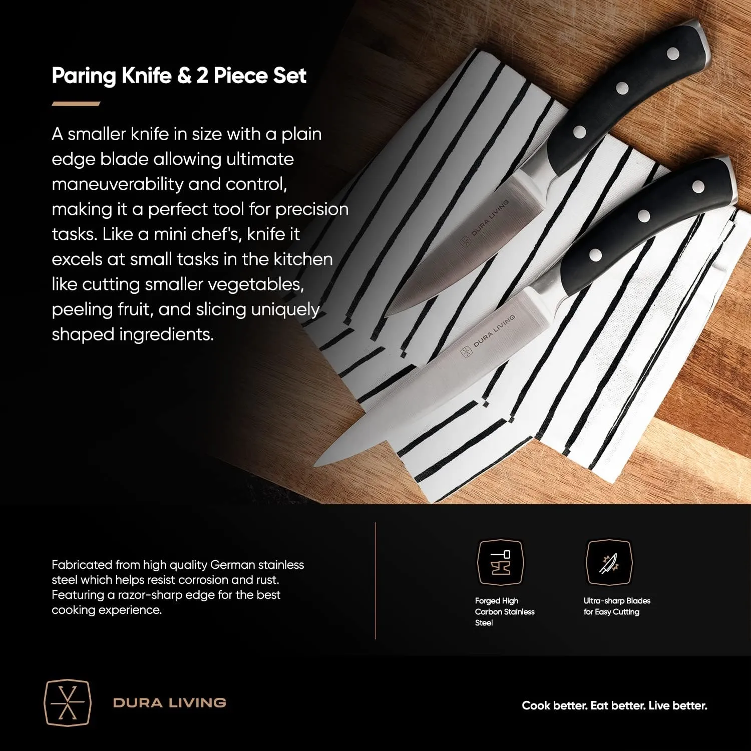 2-Piece Kitchen Knife Set – Ultra Sharp Precision German Stainless Steel Blades, 5” Utility & 3.5” Paring Knife with Ergonomic Handles, Multipurpose for Slicing & Peeling, Black Handle