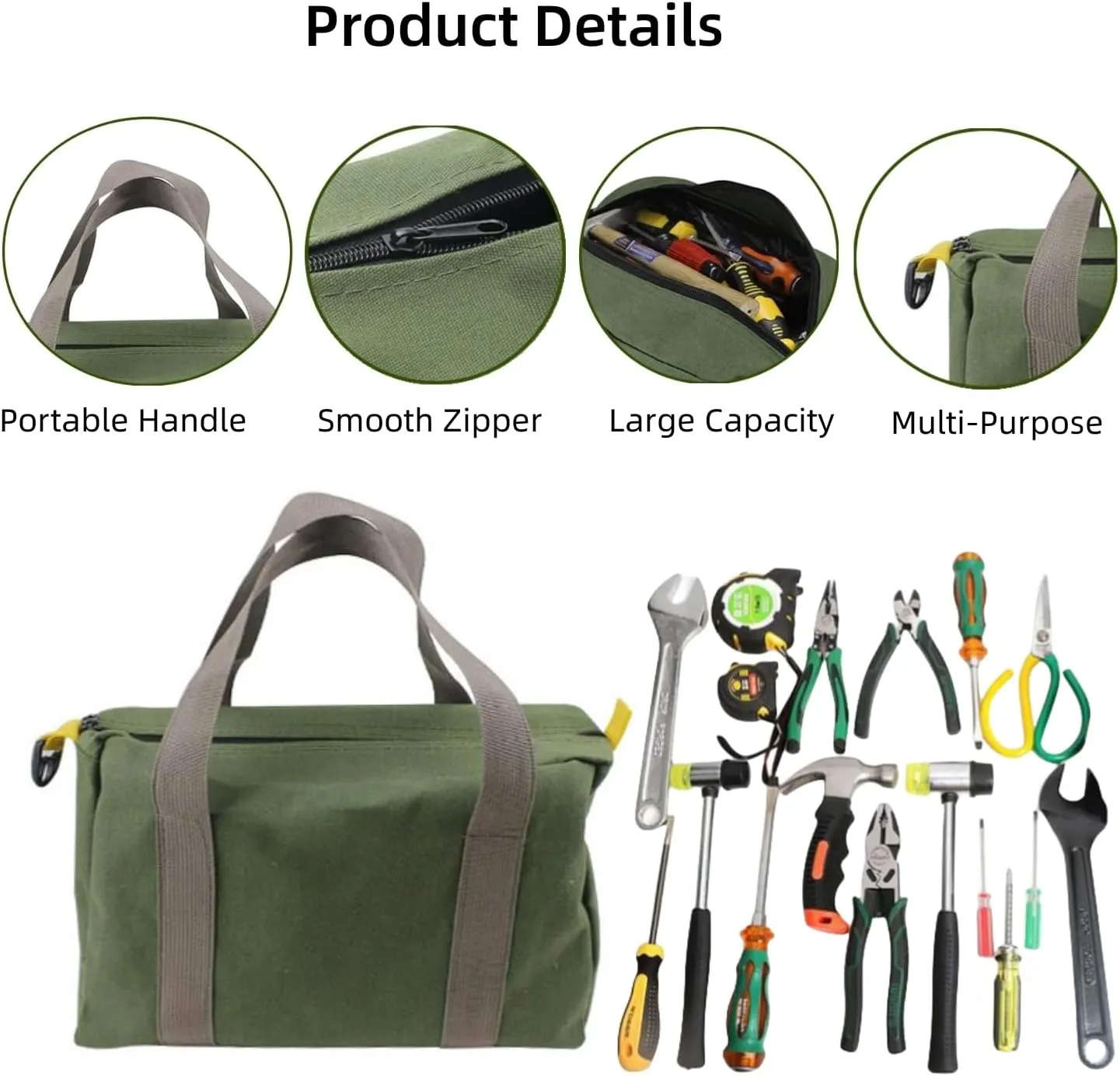 20 Inch Canvas Wide Mouth Tool Bag, Large Capacity Tool Storage Bags for Men, Small Tool Pouch, Tool Organizer Tote Bag for Storage Wrenches Pliers (Green - 20 inch)