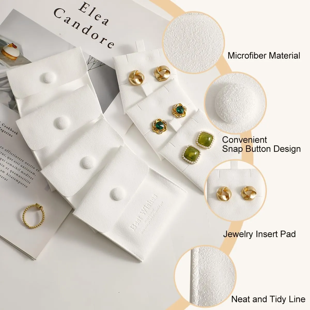 20 Pcs Microfiber Jewelry Pouch 8x8 cm, Packaging Bag Luxury Small Gift Bags With Snap Button Roll for Earring Necklace Pendant Packing (WHITE)