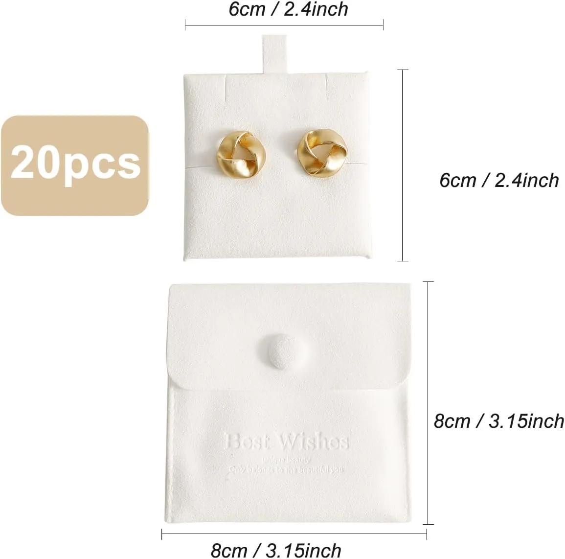 20 Pcs Microfiber Jewelry Pouch 8x8 cm, Packaging Bag Luxury Small Gift Bags With Snap Button Roll for Earring Necklace Pendant Packing (WHITE)
