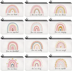 24 Pcs Rainbow Cosmetic Bags Motivational Quotes Makeup Bag Inspirational Makeup Pouch with Zipper Inspirational Gifts for Women Coin Purse for Teacher Graduation Birthday Party (Motivational)