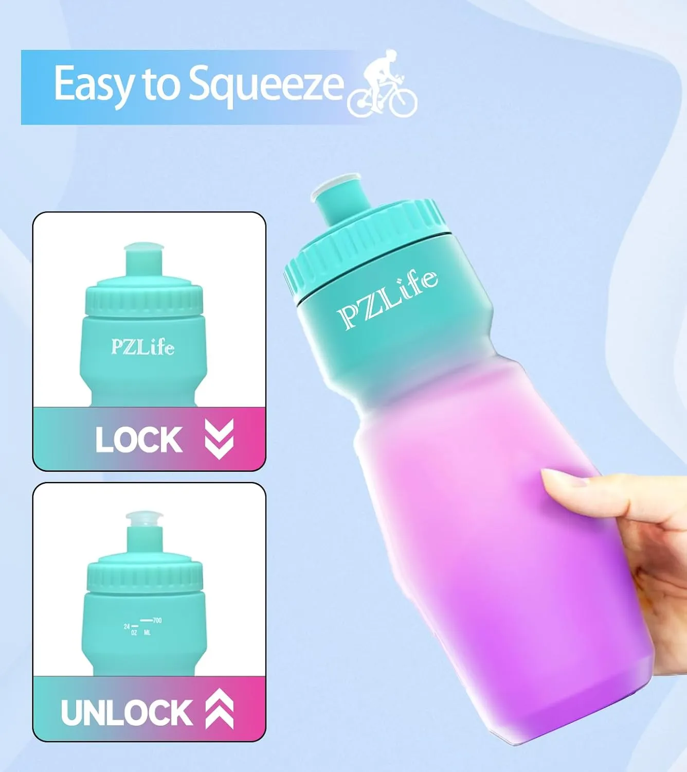 24oz Bike Squeeze Water Bottle, BPA Free Cycling Water Bottle,Leakproof, with Capacity Scale w/Pull Top Lid, Reusable Sport Water Bottle, for Bicycle, Gym,Running 2Pack