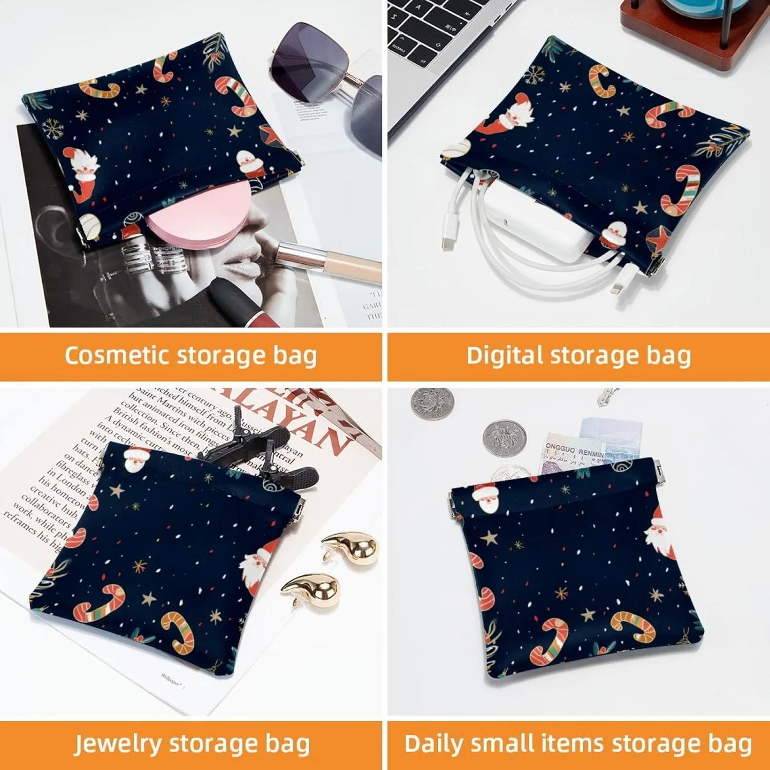 2Pcs Faux Leather Pocket Cosmetic Bag, Small Makeup Bag for Purse, Waterproof Mini Bag Purse, Mini Pocket Makeup Bag for Lipstick, Christmas Elk Santa Claus Cartoon