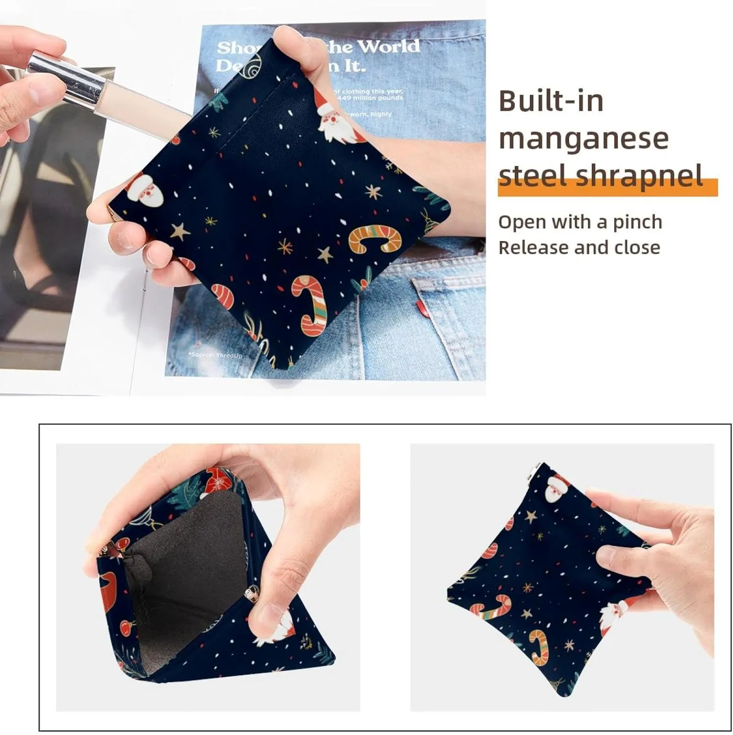 2Pcs Faux Leather Pocket Cosmetic Bag, Small Makeup Bag for Purse, Waterproof Mini Bag Purse, Mini Pocket Makeup Bag for Lipstick, Christmas Elk Santa Claus Cartoon