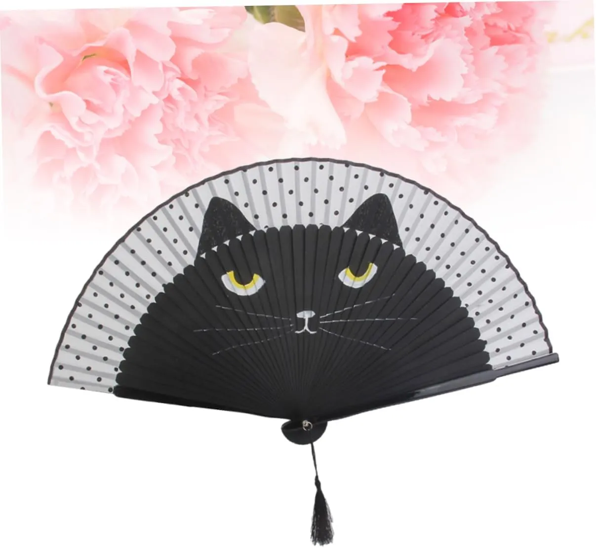 2pcs Handheld Women Silk Fan Cartoon Cat Design for Weddings Parties and Unique Black Cat Style with Smooth Texture and Decorative Tassel Pendant
