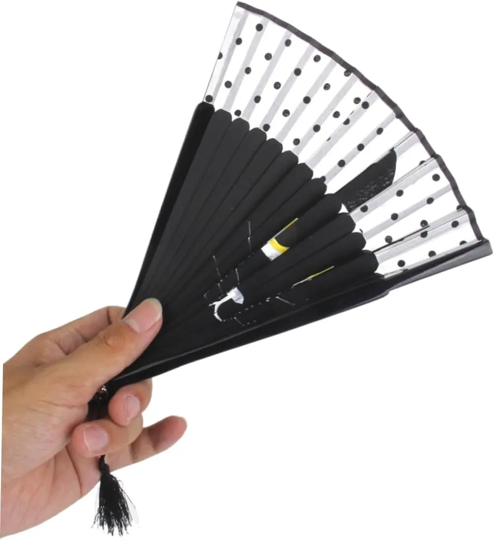 2pcs Handheld Women Silk Fan Cartoon Cat Design for Weddings Parties and Unique Black Cat Style with Smooth Texture and Decorative Tassel Pendant